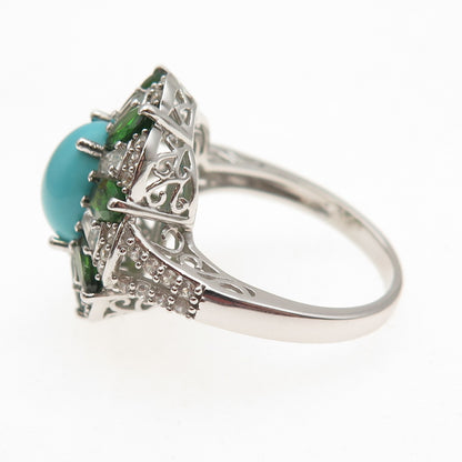 925 Sterling Silver Real Turquoise Peridot & White Topaz Ring Size 8.25