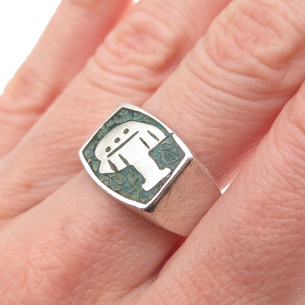 925 Sterling Silver Vintage Mexico Real Turquoise Inlay Aztec Ring Size 9