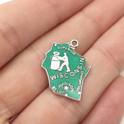 WELLS 925 Sterling Silver Vintage Enamel "Wisconsin" State Map Charm Pendant