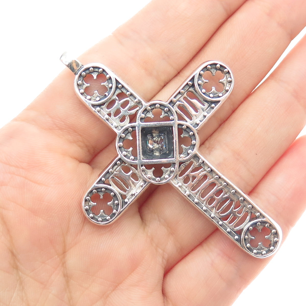 925 Sterling Silver Vintage Princess-Cut C Z Cross Oxidized Slide Pendant