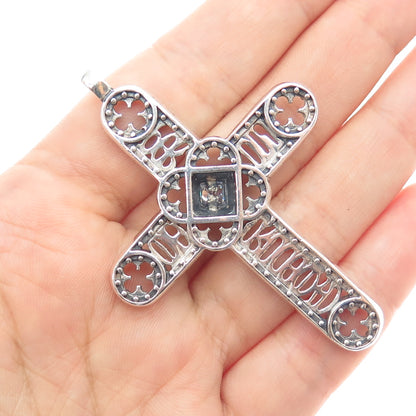 925 Sterling Silver Vintage Princess-Cut C Z Cross Oxidized Slide Pendant
