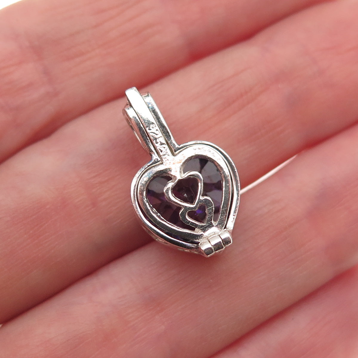 925 Sterling Vintage Real Amethyst Interchangeable Heart Cage Mini Charm Pendant