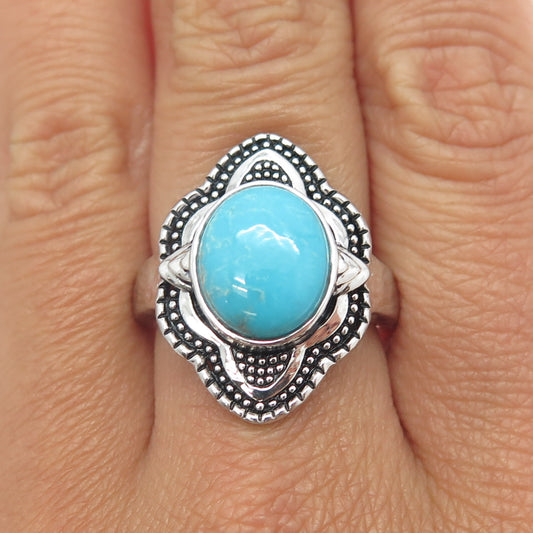 HAI 925 Sterling Silver Vintage Real Turquoise Floral Ring Size 8.25