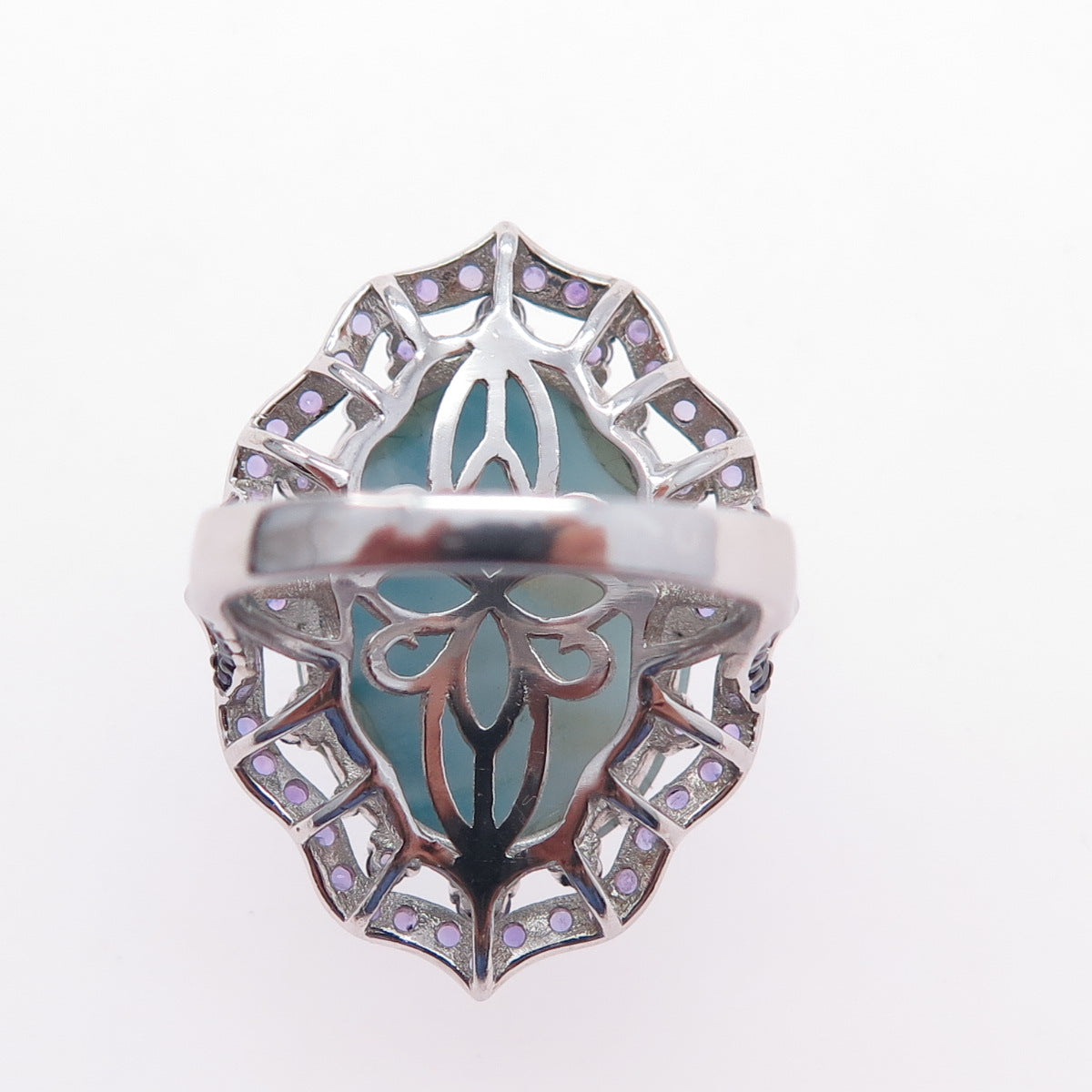 925 Sterling Silver Real Cabochon Larimar & Amethyst Ring Size 6.25