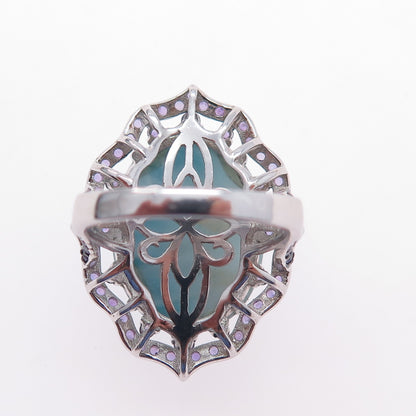 925 Sterling Silver Real Cabochon Larimar & Amethyst Ring Size 6.25