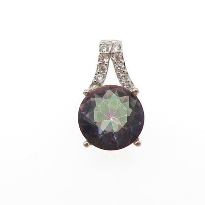 925 Sterling Silver Real Round-Cut Mystic Quartz & C Z Mini Slide Charm Pendant