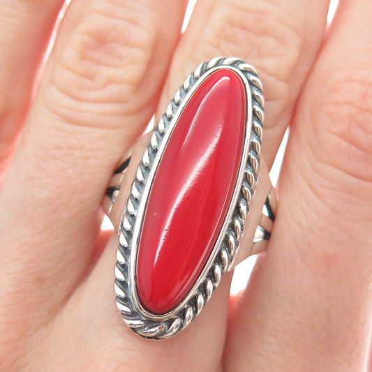 SHUBE 925 Sterling Silver Vintage Real Coral Oxidized Ring Size 10.5