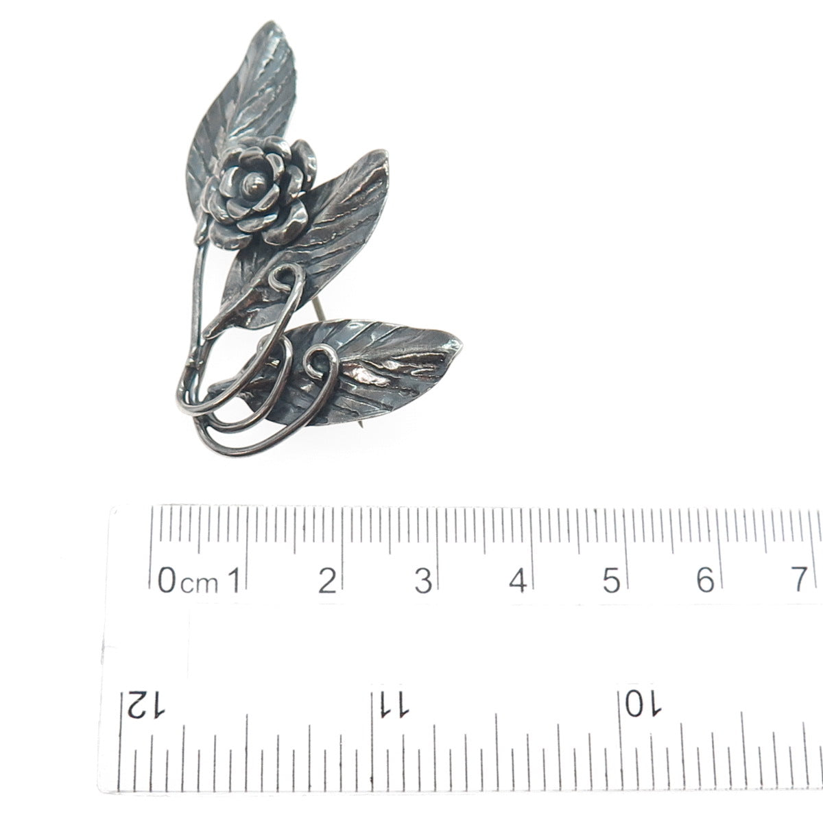 925 Sterling Silver Vintage Rose Flower Oxidized Pin Brooch