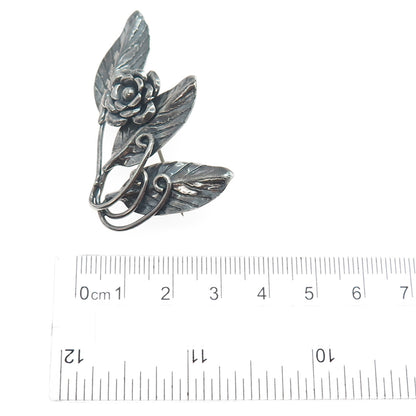 925 Sterling Silver Vintage Rose Flower Oxidized Pin Brooch