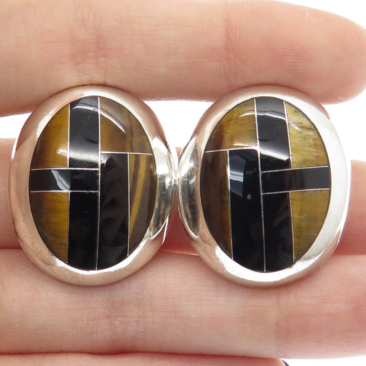 CARSI 950 Silver Vintage Mexico Real Tiger Eye & Black Onyx Clip On Earrings