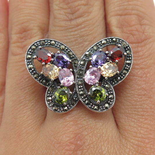 925 Sterling Silver Vintage Marcasite & Multi-Color C Z Butterfly Ring Size 8.75