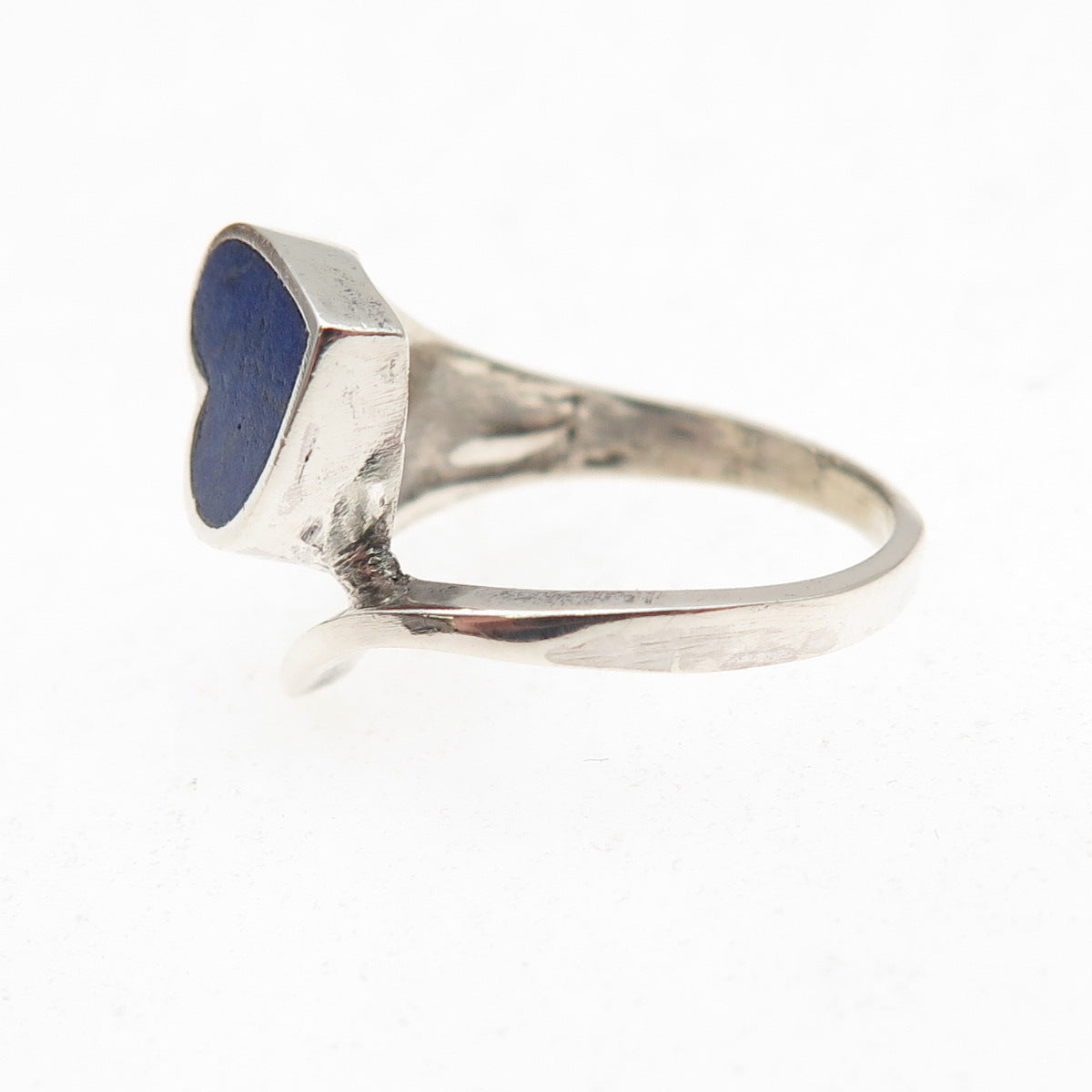 925 Sterling Silver Vintage Real Lapis Heart Bypass Oxidized Ring Size 4.25