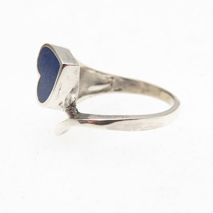 925 Sterling Silver Vintage Real Lapis Heart Bypass Oxidized Ring Size 4.25