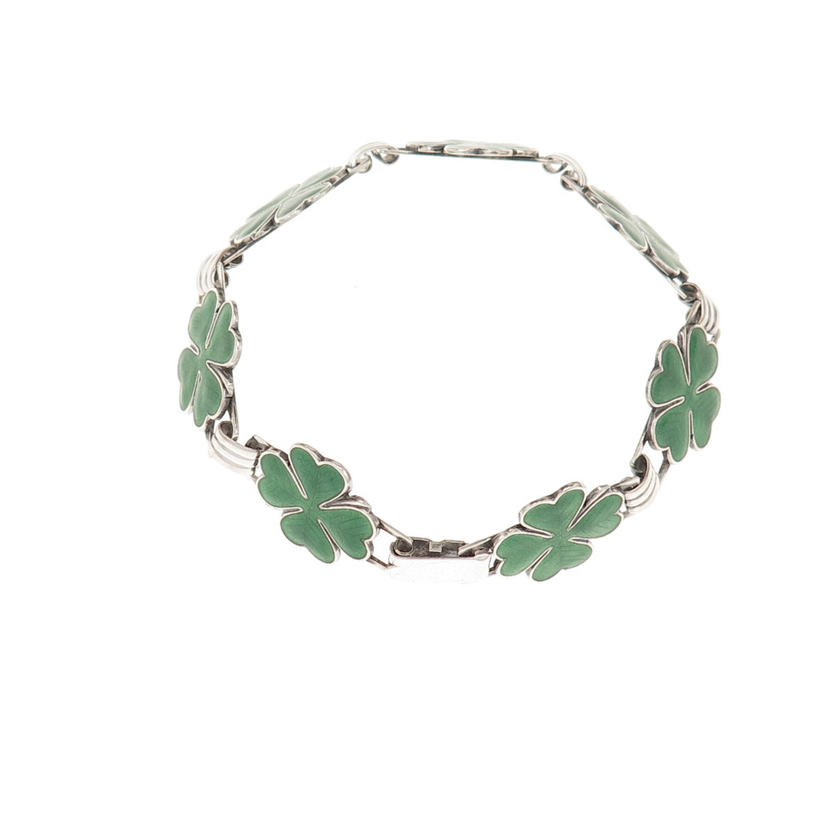 925 Sterling Silver Antique Art Deco Enamel Lucky Clover Link Bracelet 7"