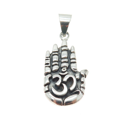 925 Sterling Silver Vintage Hamsa Amulet Om Mantra Oxidized Pendant