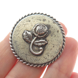 BEAU 925 Sterling Silver Antique Rose Flower Twisted Accent Round Pin Brooch