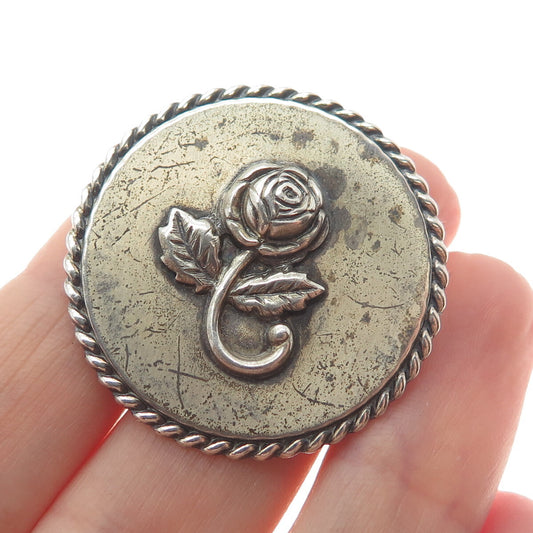 BEAU 925 Sterling Silver Antique Rose Flower Twisted Accent Round Pin Brooch
