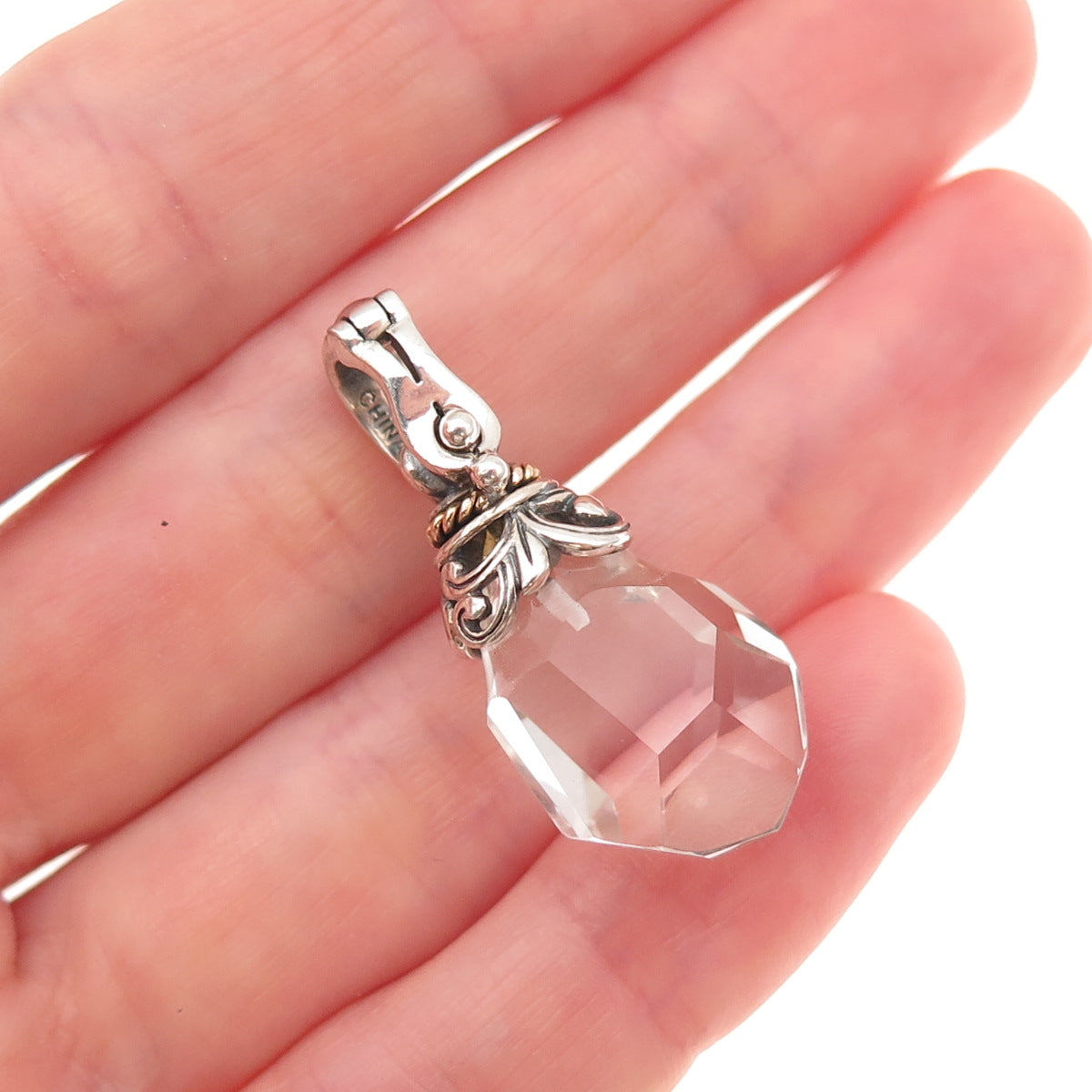925 Sterling Silver 14K Gold Vintage Clear Crystal Teardrop Charm Pendant