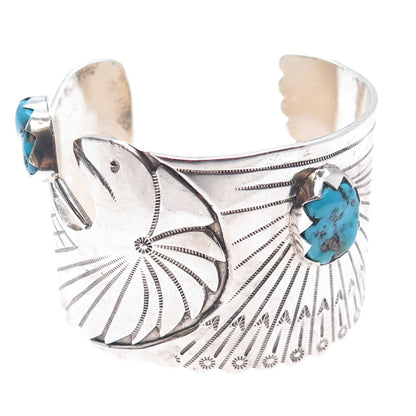 Old Pawn Sterling Vintage Turquoise Eagle Heavy 101.6g Adjustable Bracelet 7.25"