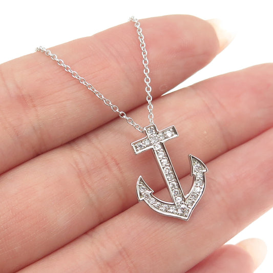 925 Sterling Silver Pave C Z Anchor Pendant Rolo Chain Necklace 18"