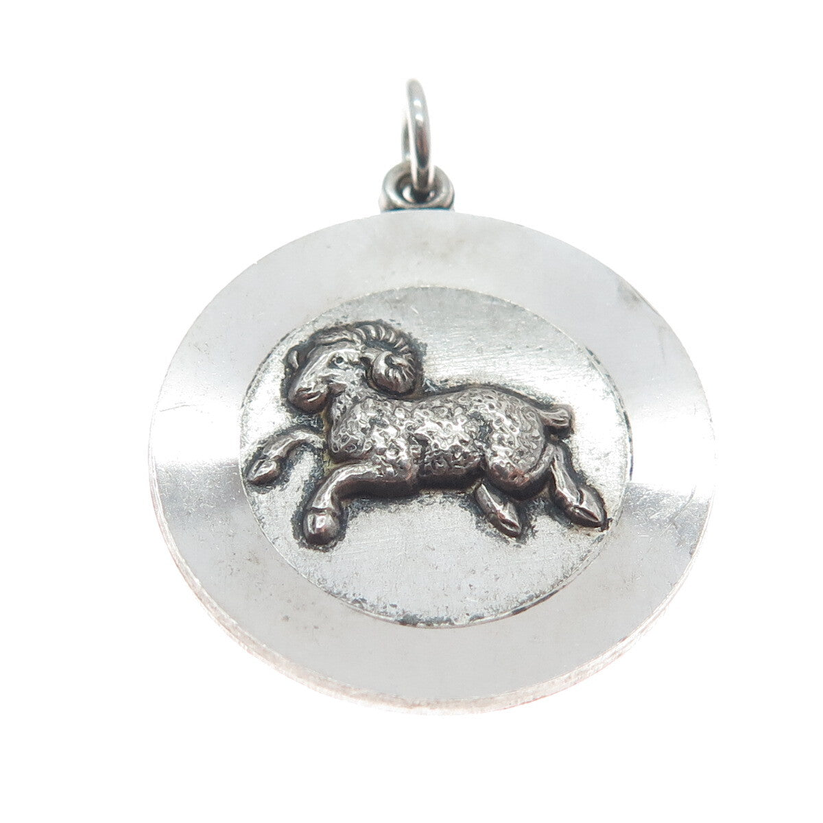 925 Sterling Silver Vintage Aries Zodiac Sign Round Pendant