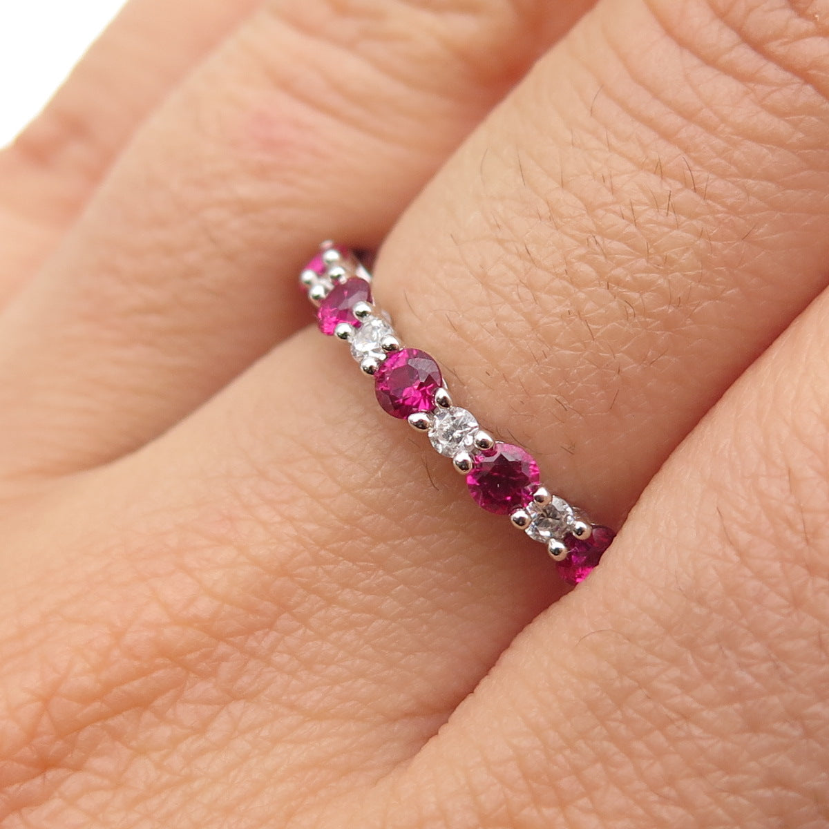 925 Sterling Silver Round-Cut Lab-Created Ruby & C Z Eternity Band Ring Size 6