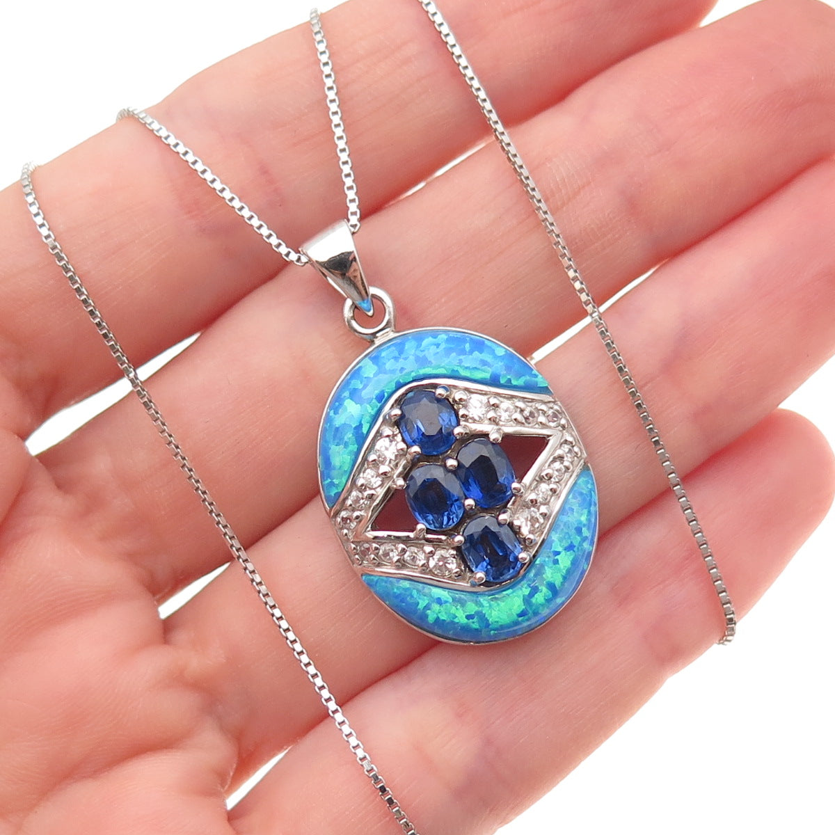 Noa Zuman 925 Sterling Silver Real Sapphire Topaz & Opal Box Chain Necklace 18"