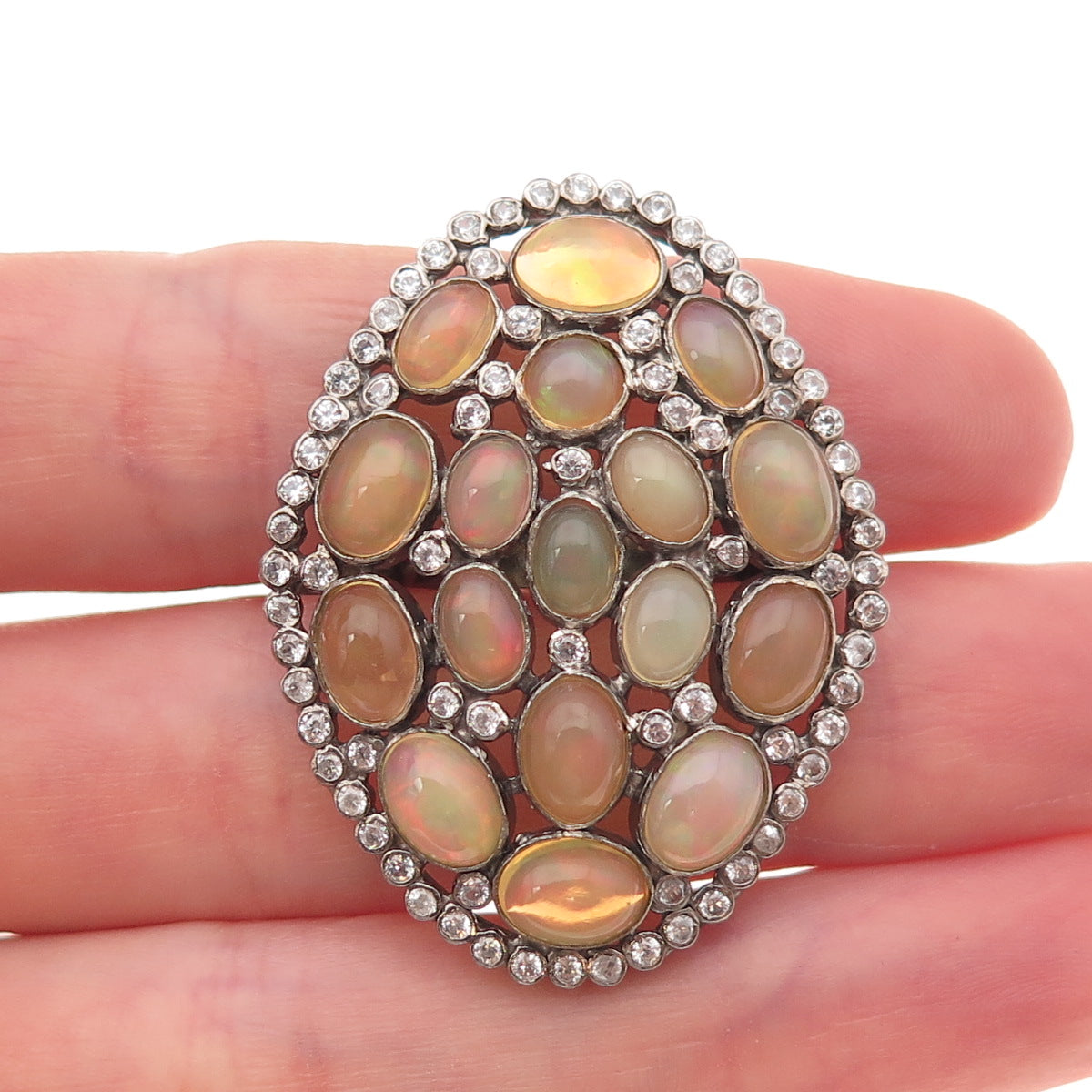 925 Sterling Silver Black Rhodium Real Opal & White Topaz Cluster Ring Size 6.75
