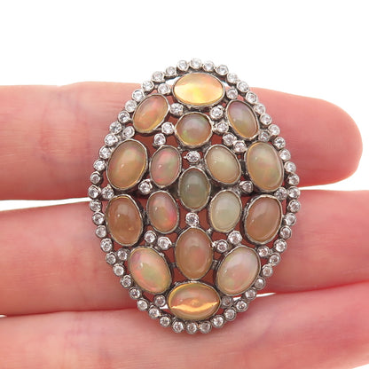 925 Sterling Silver Black Rhodium Real Opal & White Topaz Cluster Ring Size 6.75
