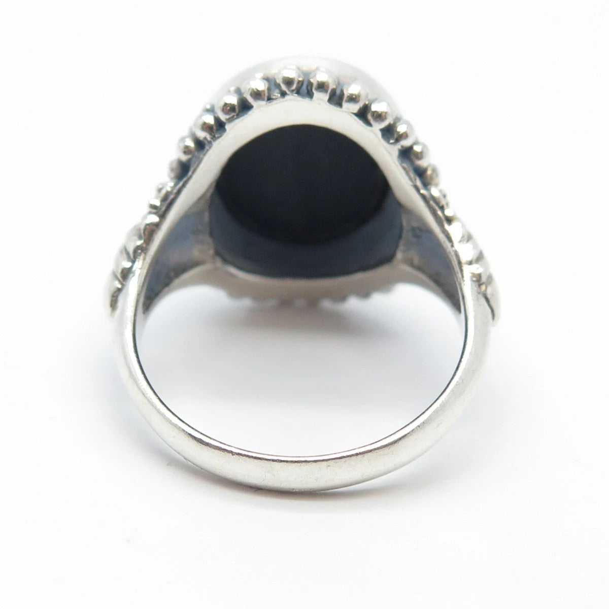 925 Sterling Silver Vintage Real Black Onyx Gem Oval Beaded Ring Size 7.25
