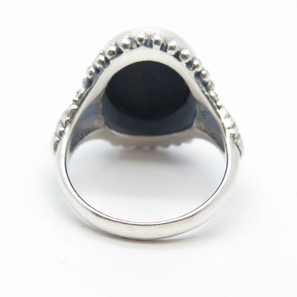 925 Sterling Silver Vintage Real Black Onyx Gem Oval Beaded Ring Size 7.25