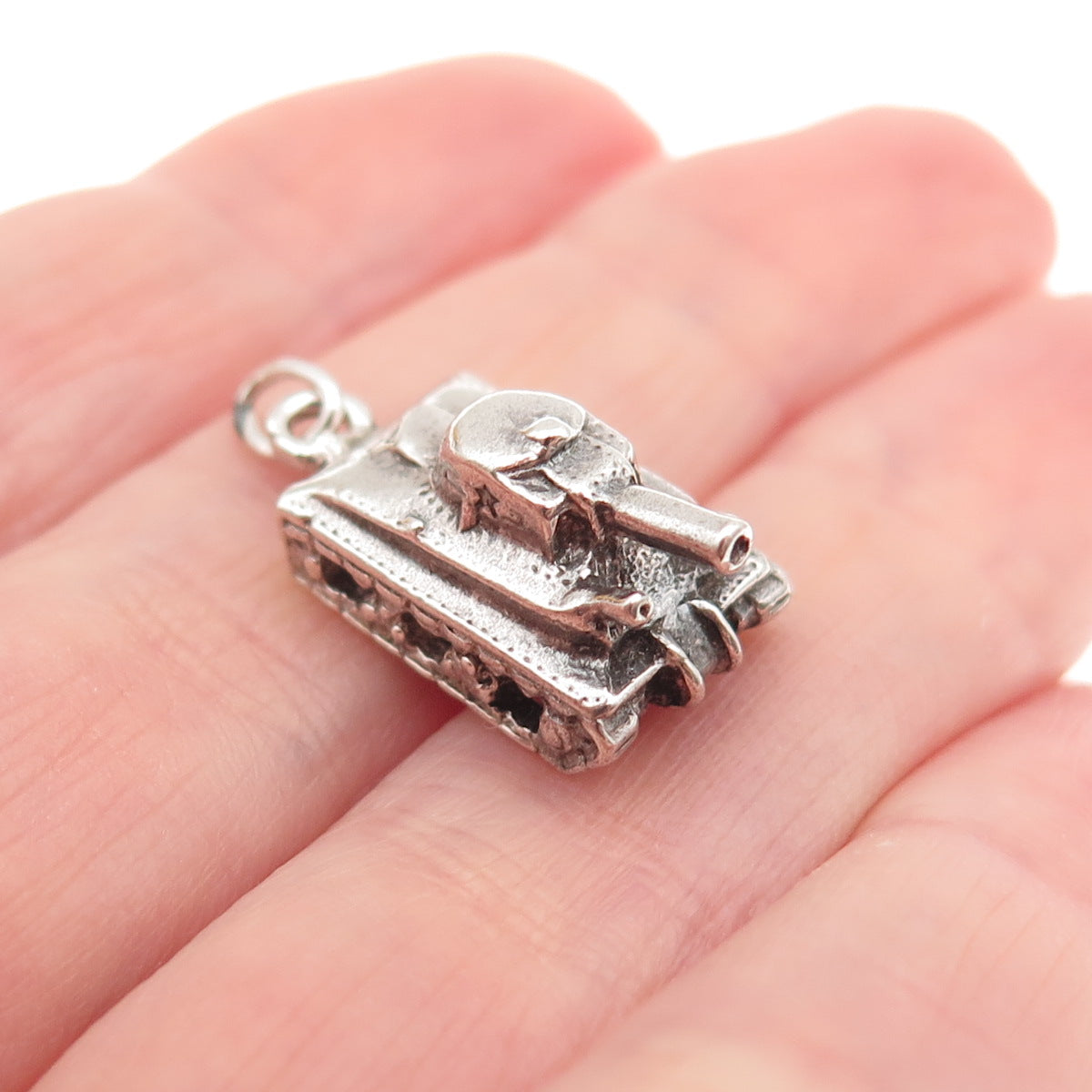 925 Sterling Silver Vintage Military Tank Oxidized 3D Mini Charm Pendant
