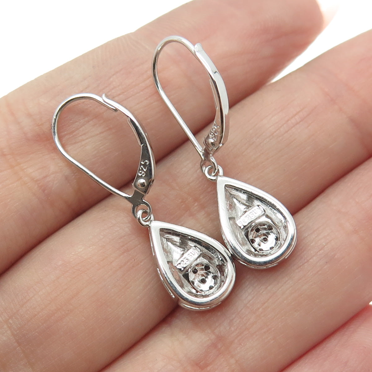 SUN 925 Sterling Silver Real Round-Cut Diamond Teardrop Dangle Earrings