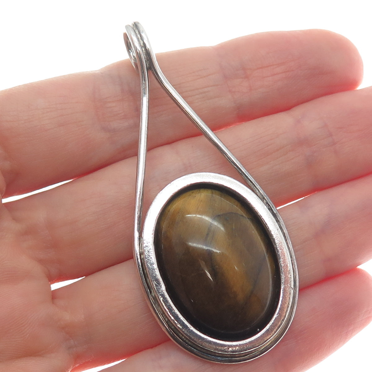 925 Sterling Silver Vintage Real Tiger Eye Gemstone Slide Pendant