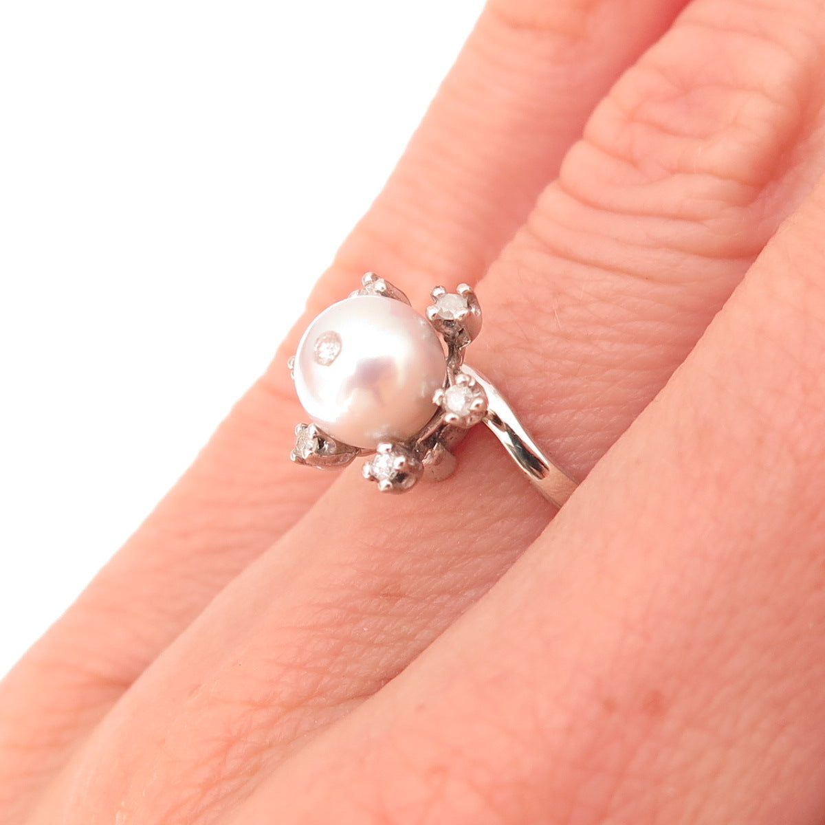 925 Sterling Silver Vintage Real Diamond Pearl & White Topaz Ring Size 5