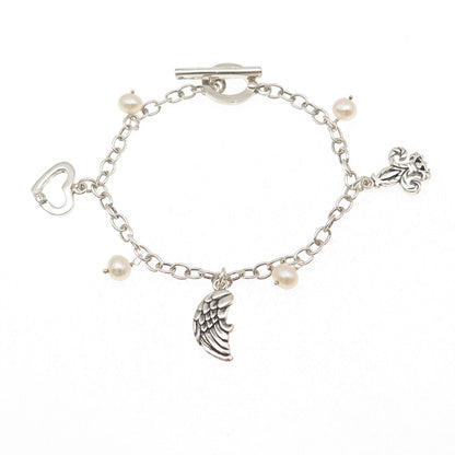 Barse 925 Sterling Silver Vintage Real Pearl & C Z Multi-Charm Bracelet 7.25"