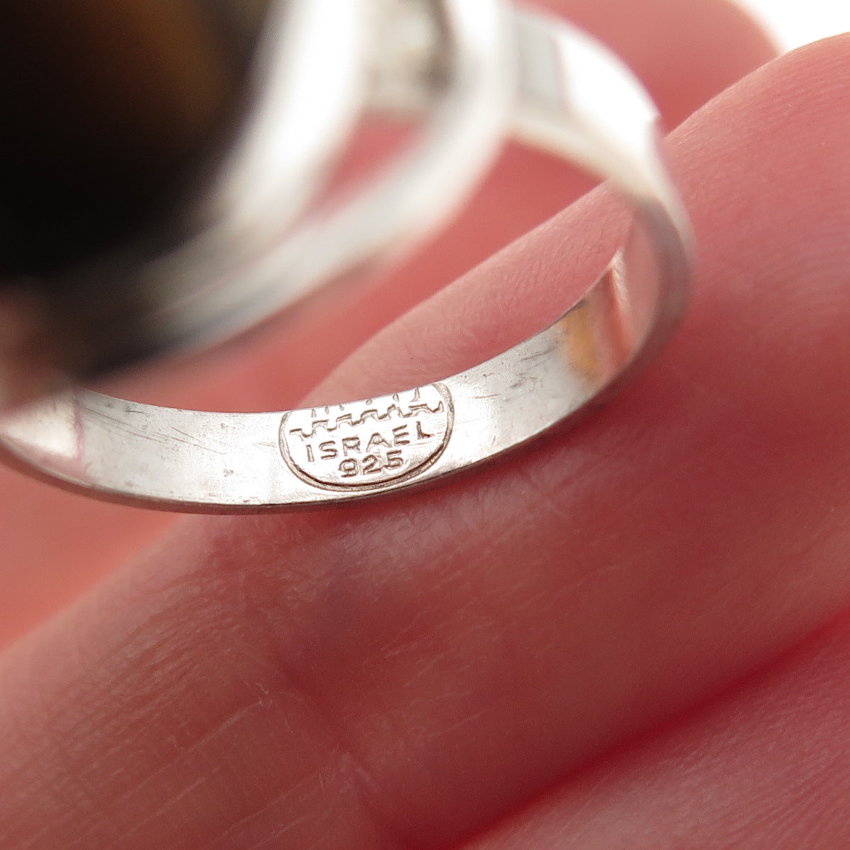 925 Sterling Silver Vintage Israel Real Tiger Eye Modernist Oxidized Ring Size 6