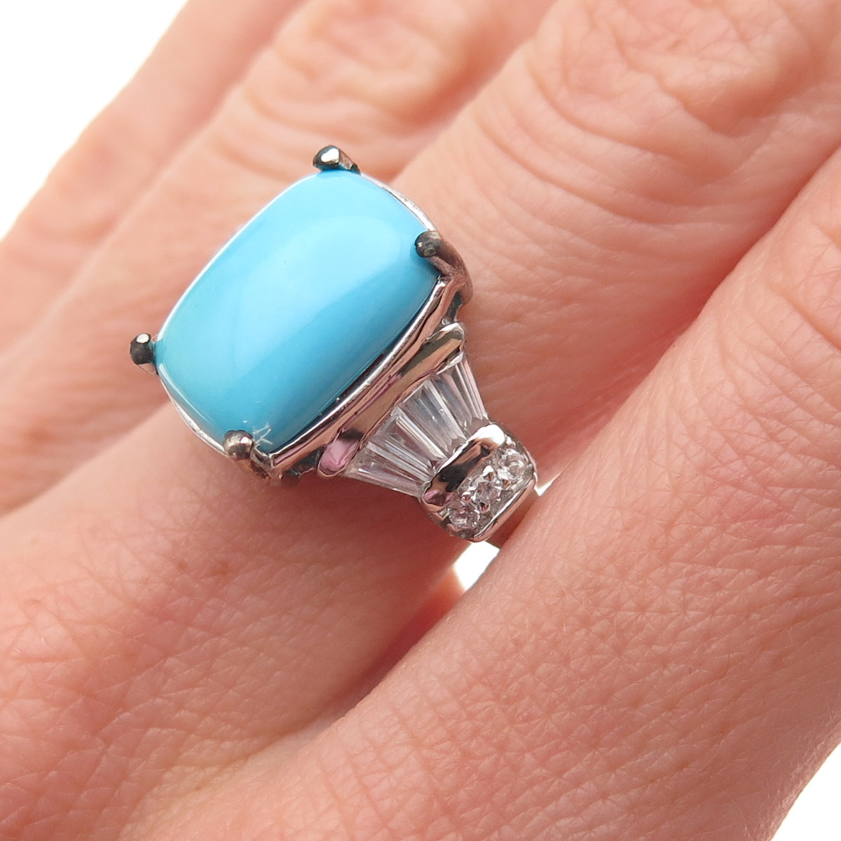 Chuck Clemency 925 Sterling Silver Real Turquoise & White Topaz Ring Size 8