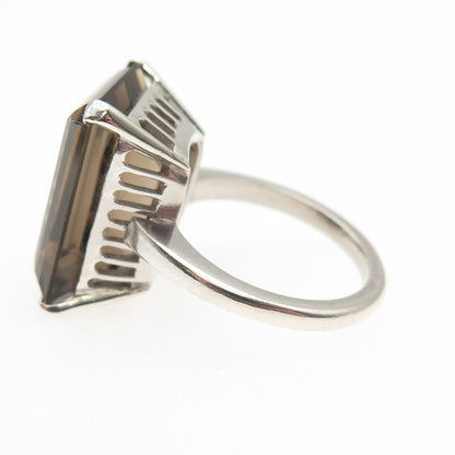 925 Sterling Silver Vintage Real Emerald-Cut Smoky Quartz Ring Size 6