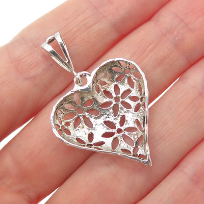 925 Sterling Silver Vintage Flower Heart Charm Pendant