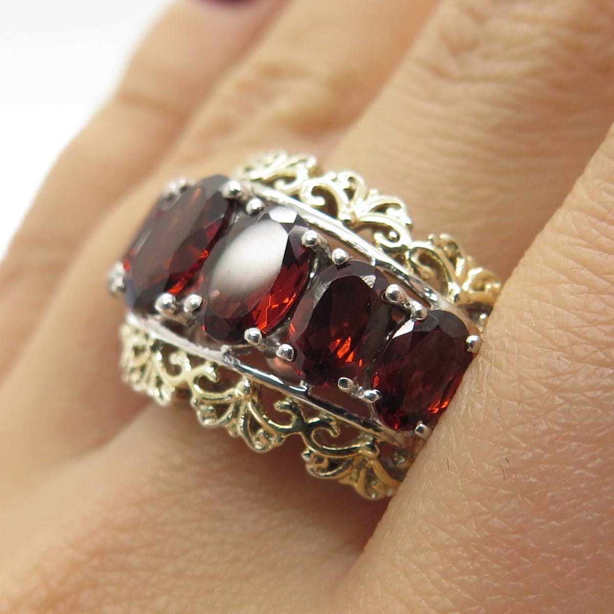 CHUCK CLEMENCY 925 Sterling Silver 2-Tone Real Red Garnet Ring Size 7.25