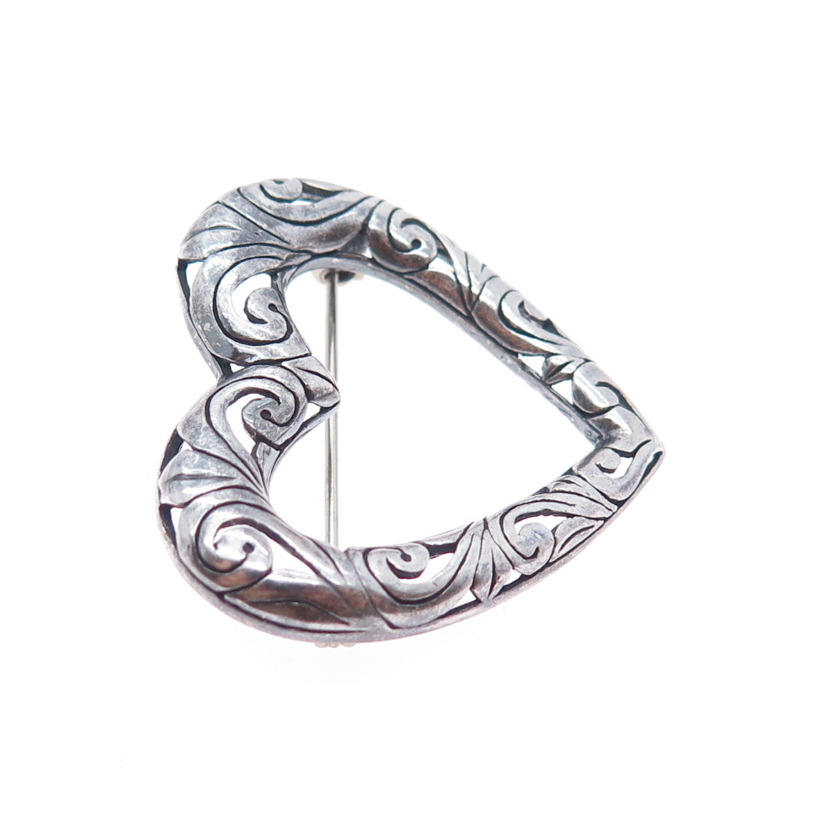 925 Sterling Silver Vintage Ornate Swirl Heart Oxidized Pin Brooch