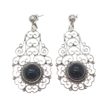 925 Sterling Silver Vintage Real Black Onyx Ornate Oxidized Dangle Earrings