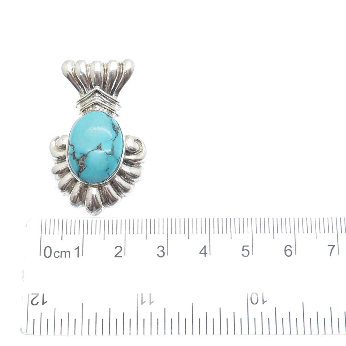 925 Sterling Silver Vintage Real Morenci Turquoise Ribbed Oxidized Slide Pendant