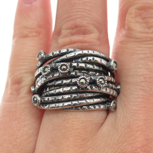 925 Sterling Silver Vintage Real Marcasite Multi-Row Oxidized Ring Size 5.75