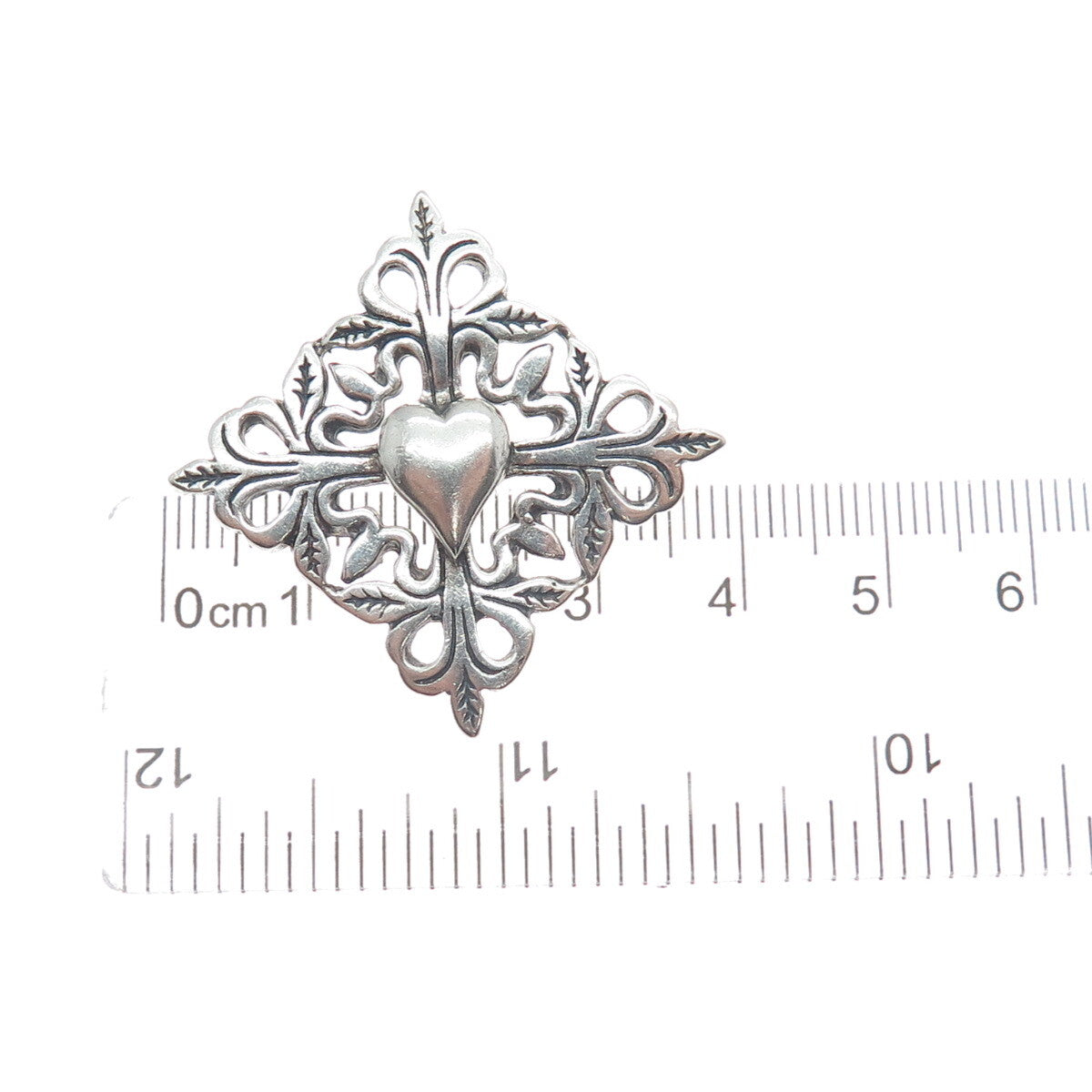 HAND & HAMMER 925 Sterling Silver Vintage Floral Heart Oxidized Pin Brooch