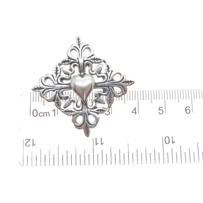 HAND & HAMMER 925 Sterling Silver Vintage Floral Heart Oxidized Pin Brooch