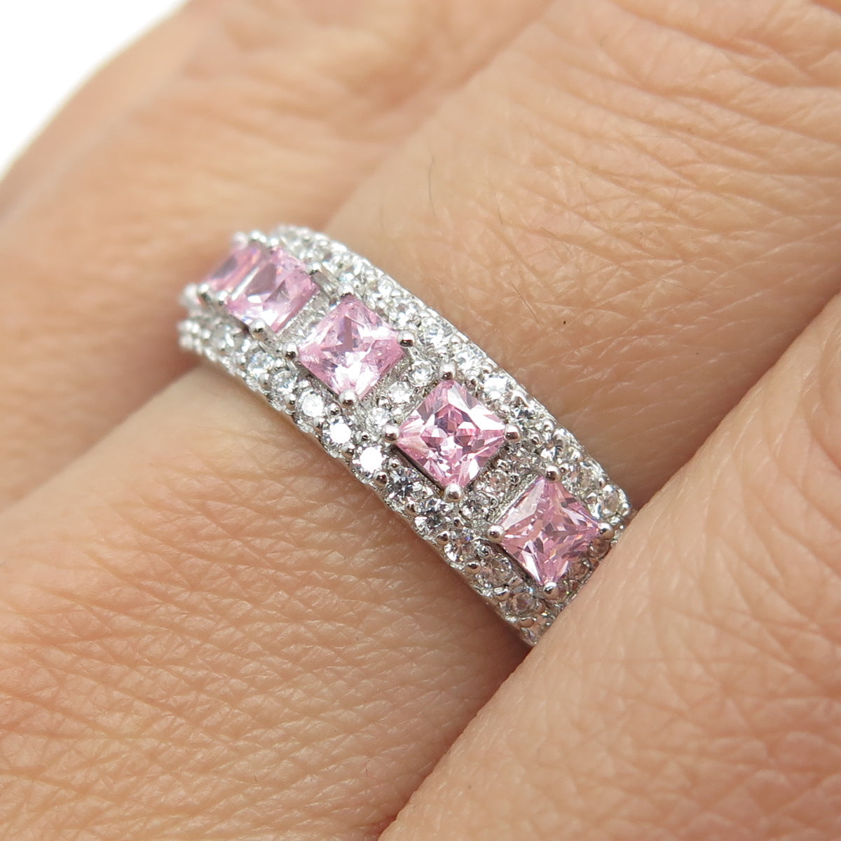 925 Sterling Silver White & Pink C Z All Around Eternity Band Ring Size 9.25