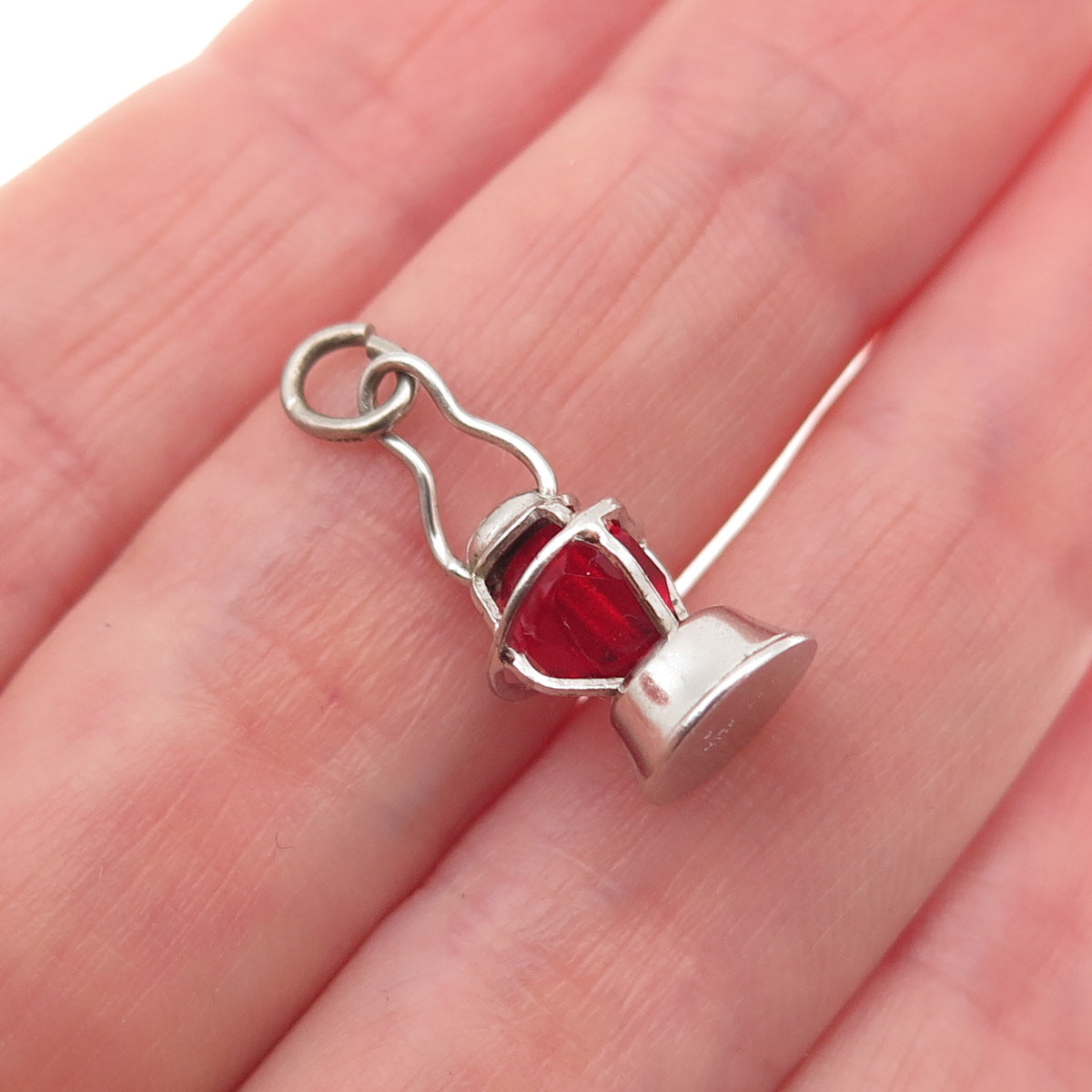 925 Sterling Silver Antique Art Deco Red Crystal Lantern 3D Mini Charm Pendant