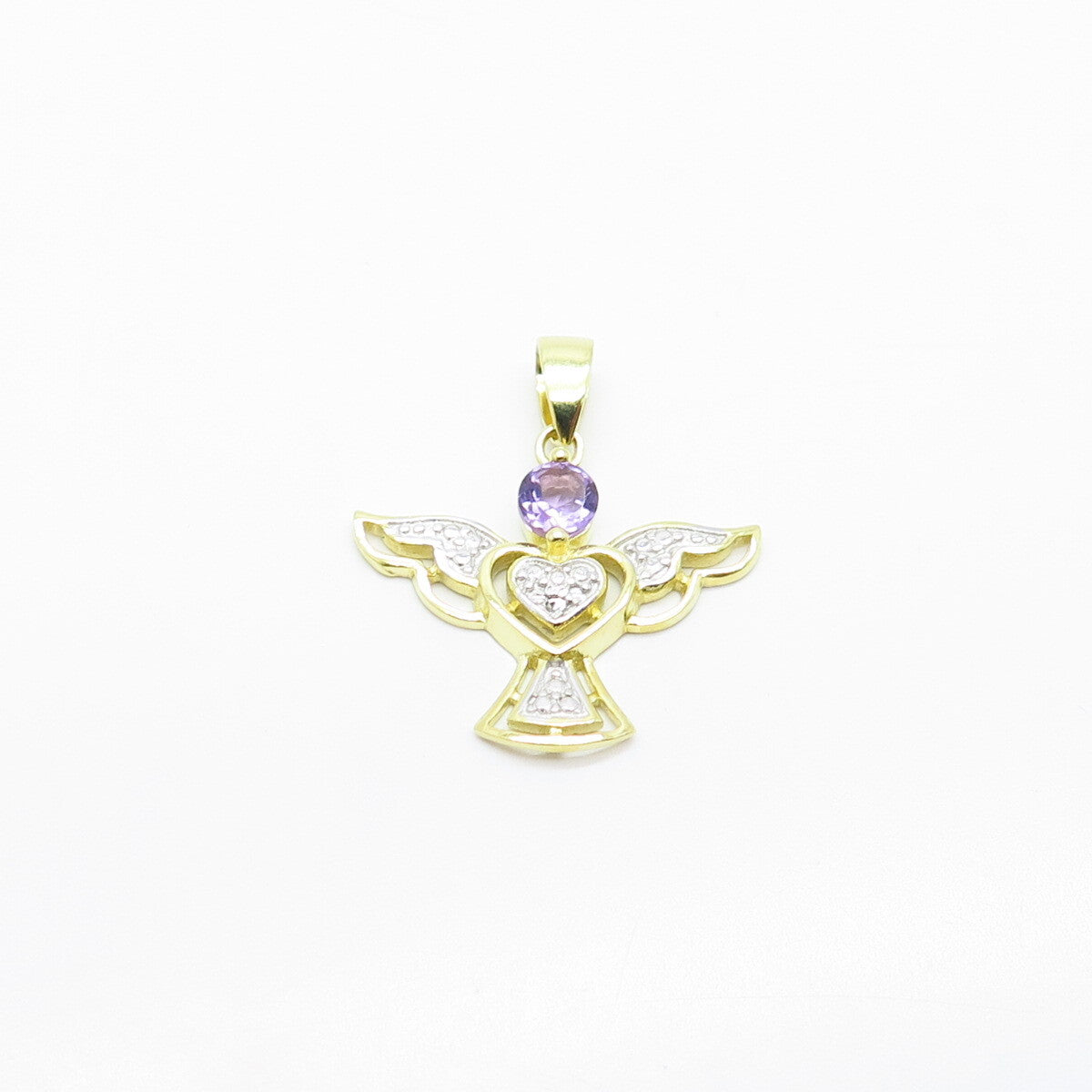 925 Sterling Silver Gold Plated Real White Diamond & Amethyst Gem Angel Pendant